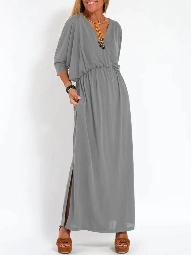 Damen elegantes Maxikleid mit seitlichem Schlitz und flexiblem Taillenbund Drune