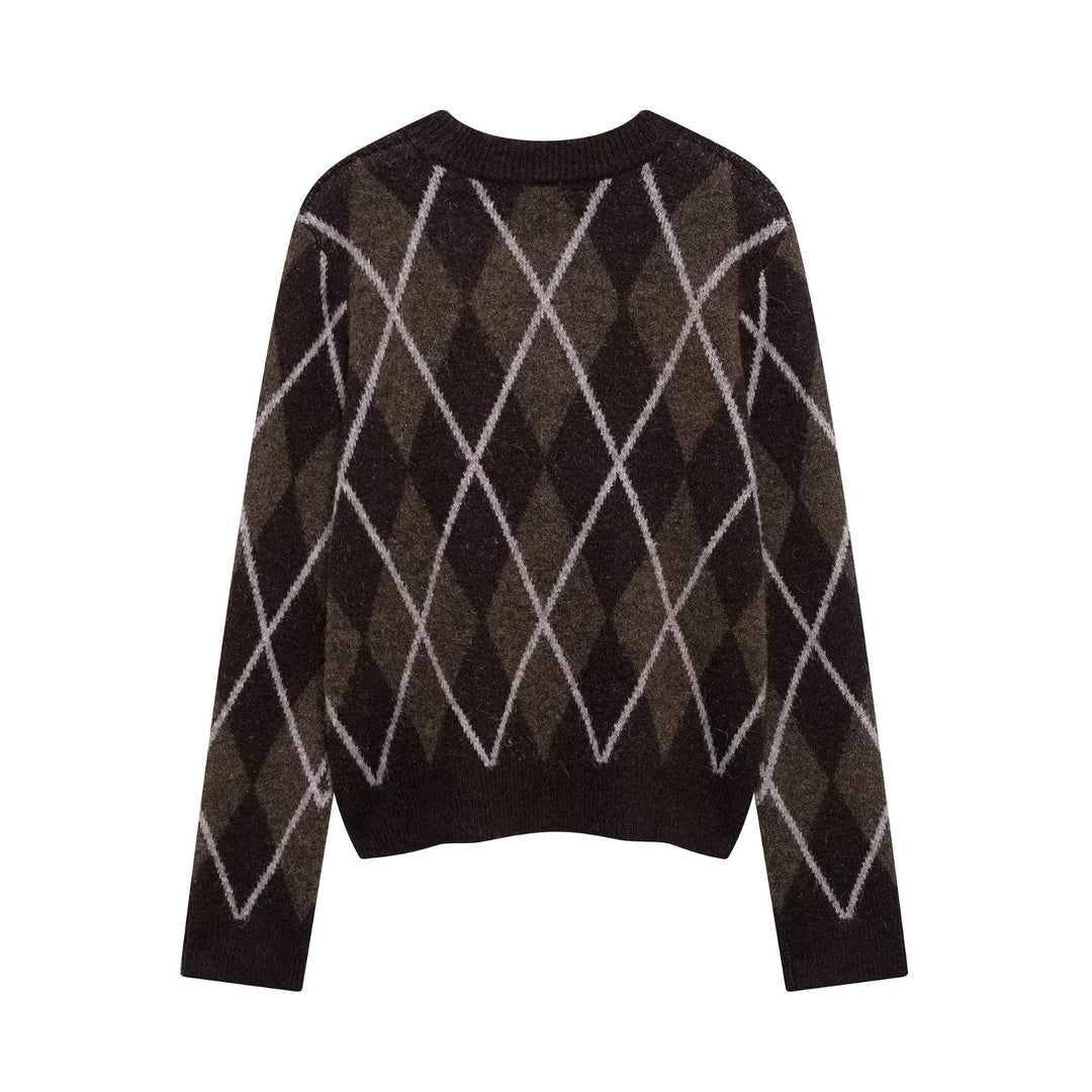 Damen lässiger Pullover mit Rautenmuster und Rundhalsausschnitt Drune