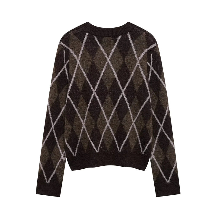 Damen lässiger Pullover mit Rautenmuster und Rundhalsausschnitt Drune