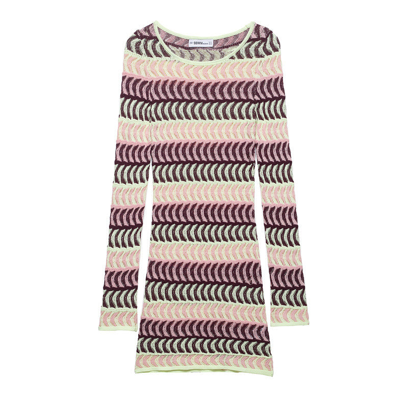 Damen nan gestricktes Feinstrick-Minikleid mit transparentem Wellenstruktur-Muster und Rundhalsausschnitt Drune