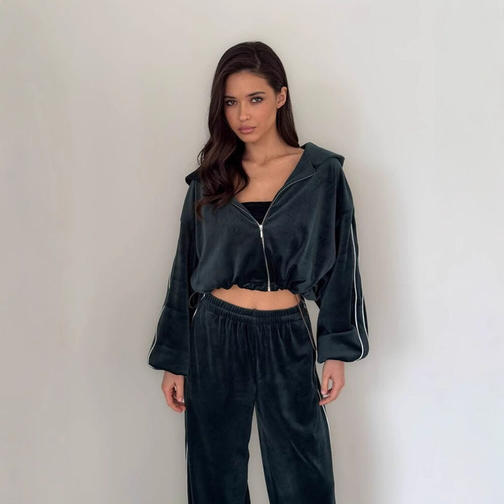 Damen luxuriöses Velours-Loungewear-Set mit cropped Oberteil und weitem Schnitt Drune
