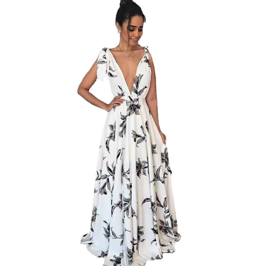 Damen Maxikleid mit tiefem V-Ausschnitt und floralen Verzierungen Drune