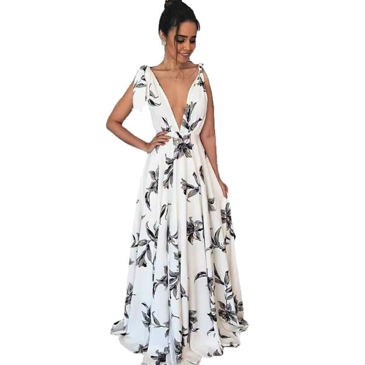 Damen Maxikleid mit tiefem V-Ausschnitt und floralen Verzierungen Drune