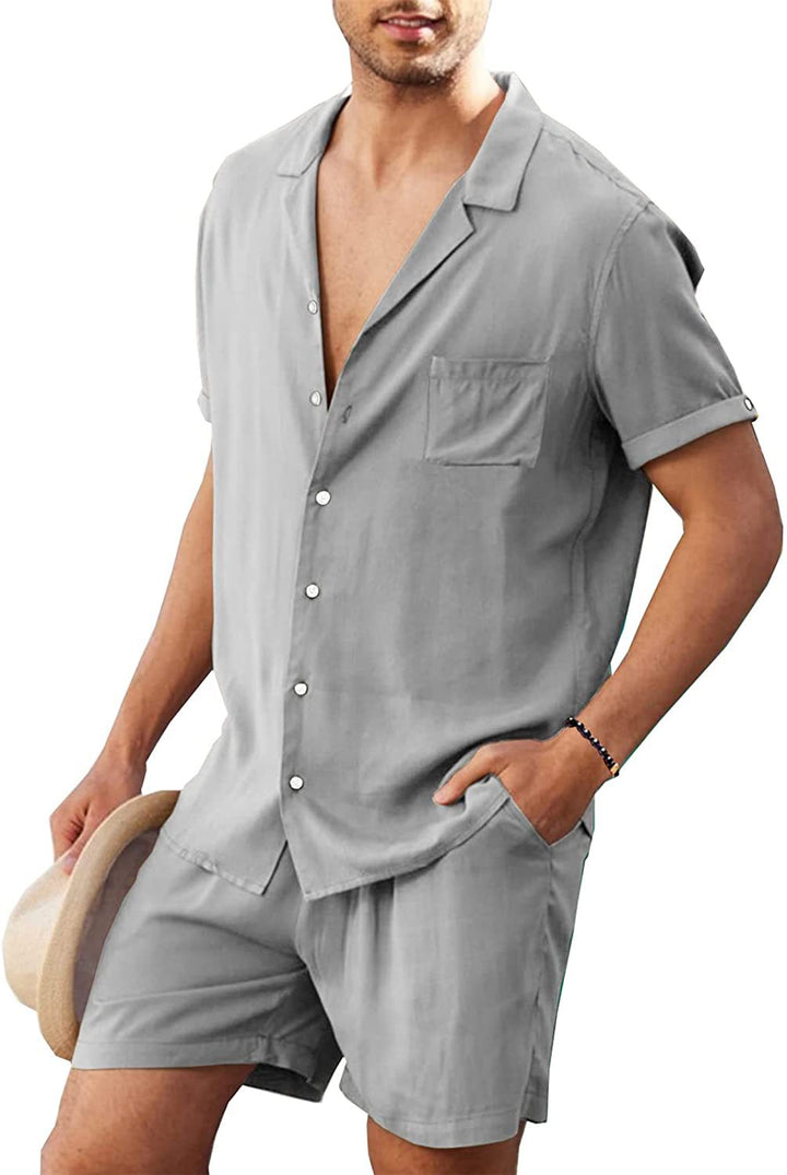 Herren nan zweiteiliges Sommer-Freizeitensemble mit offenem Revershemd und elastischer Kurzhose Drune