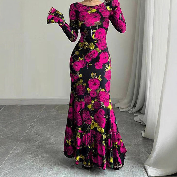 Damen Elegantes Maxikleid mit floralen Rüschendetails und langem Arm Drune