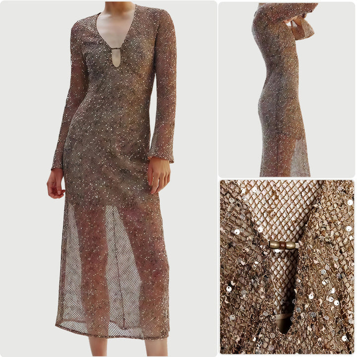 Damen Glamouröses Paillettenkleid mit tiefem V-Ausschnitt und langen Ärmeln Drune