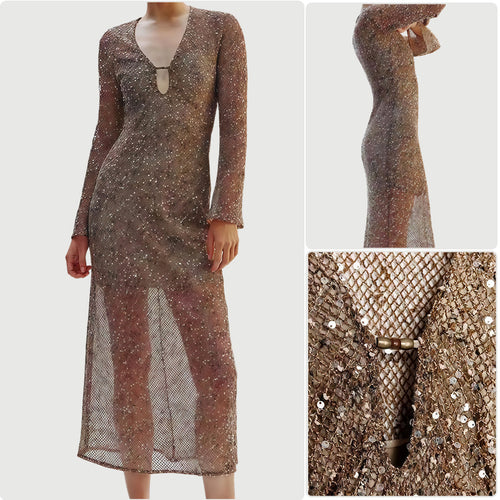 Damen Glamouröses Paillettenkleid mit tiefem V-Ausschnitt und langen Ärmeln Drune