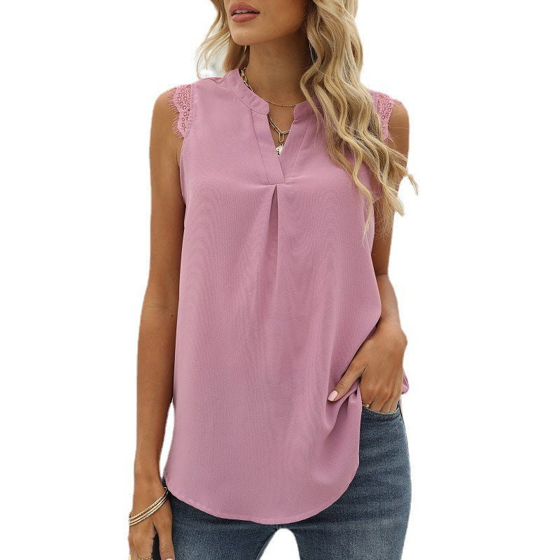 Damen ärmelloses Blusenshirt mit elegantem Spitzeneinsatz und modischen Falten Drune