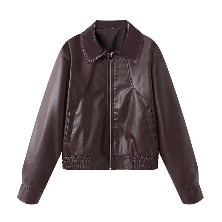 Damen Kunstleder Bikerjacke mit elastischem Bund und schlichten Taschen Drune