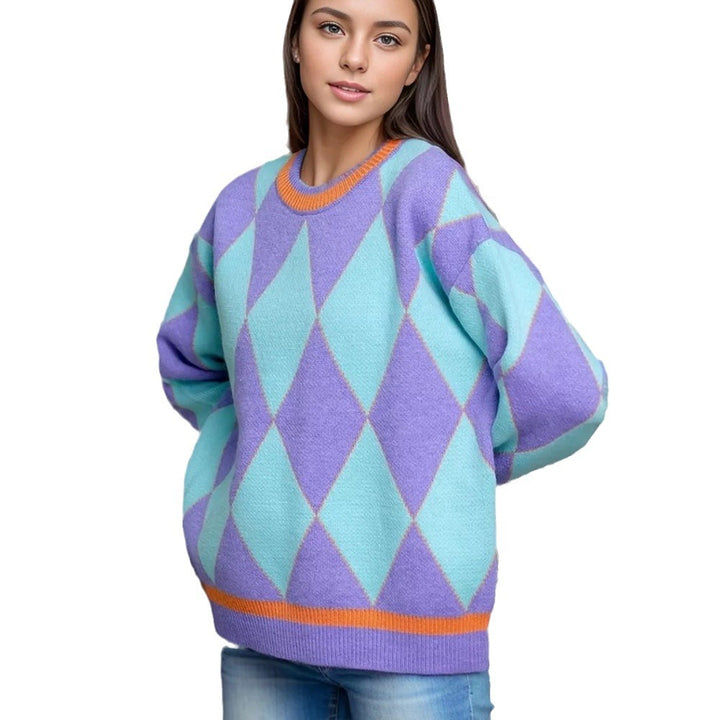Damen Gemusterter Oversized Pullover mit modernem Rautenmuster und elastischen Säumen Drune