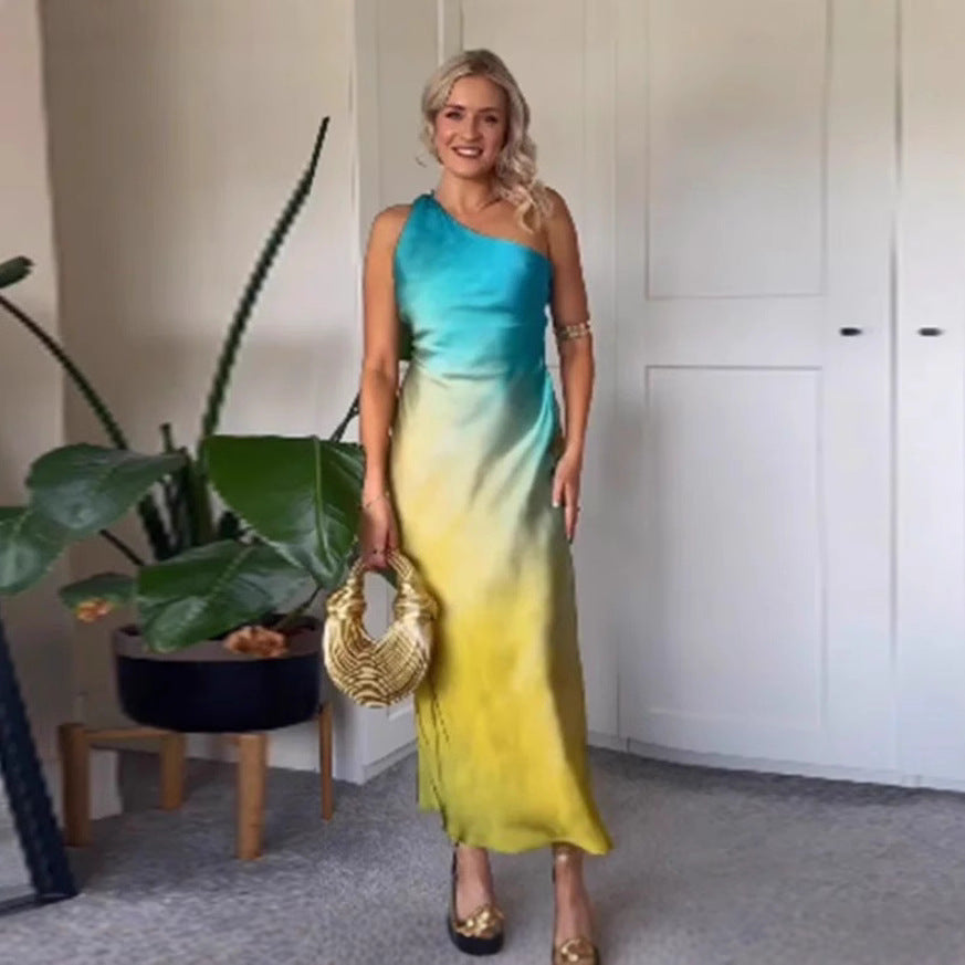Damen Elegantes asymmetrisches Maxikleid mit sanften Farbverlauf und bequemem Tragekomfort Drune