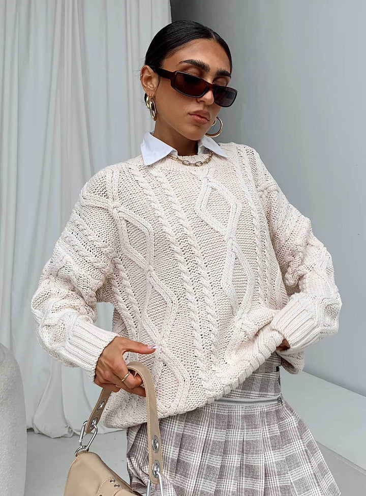 Damen Grobstrickpullover mit voluminösen Ärmeln und klassischem Zopfmuster Drune