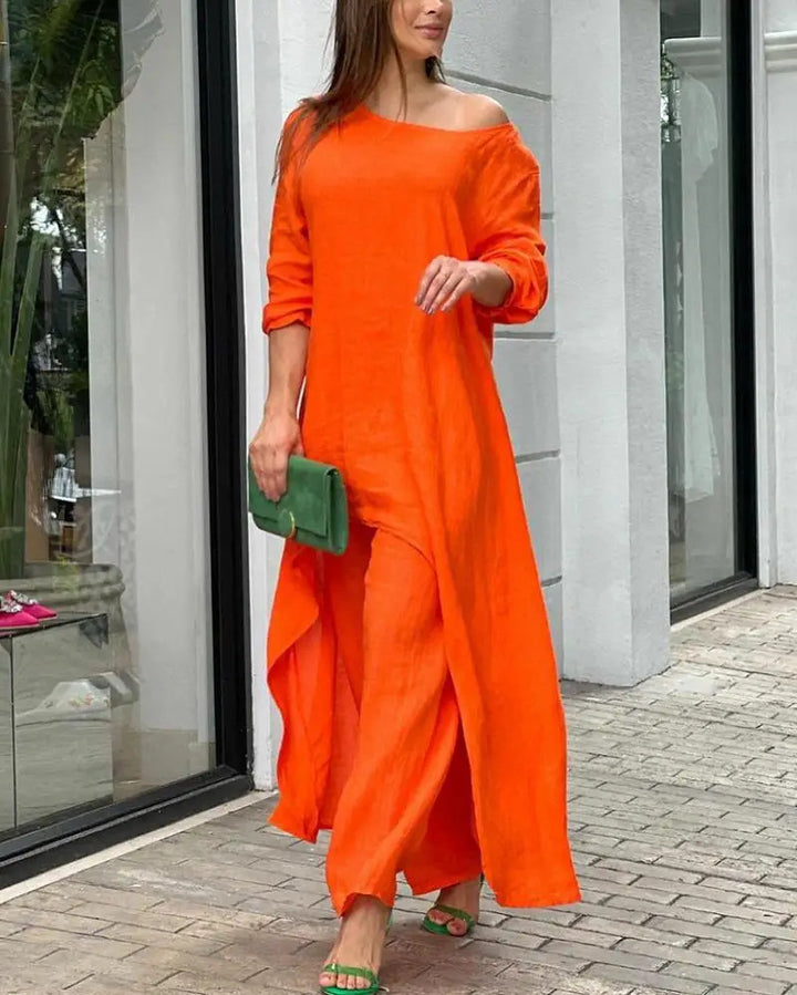 Damen nan weit geschnittenes Leinenzweiteiler Set mit asymmetrischer Tunika und lockeren Marlene-Hose Drune