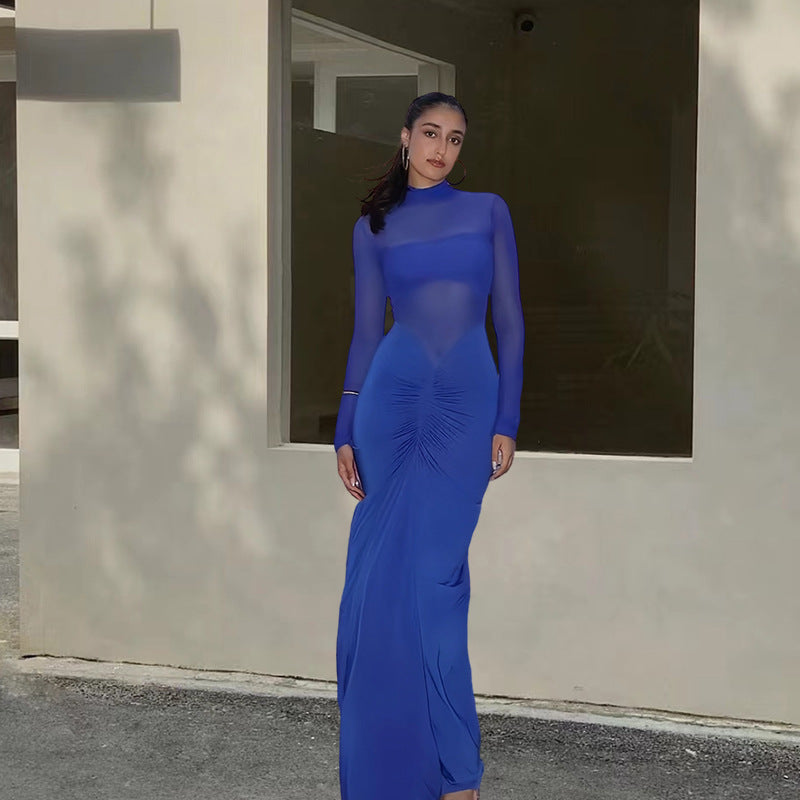 Damen Elegantes Maxikleid mit transparenten Ärmeln und raffinierter Drapierung Drune