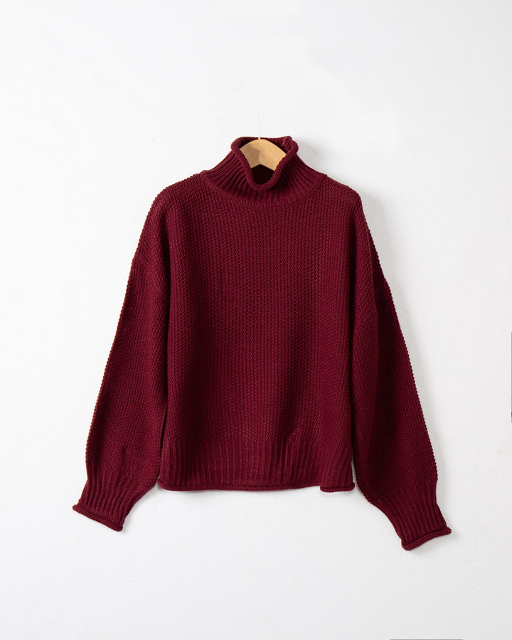 Damen grobstrick Pullover mit Stehkragen und überschnittenen Schultern Drune