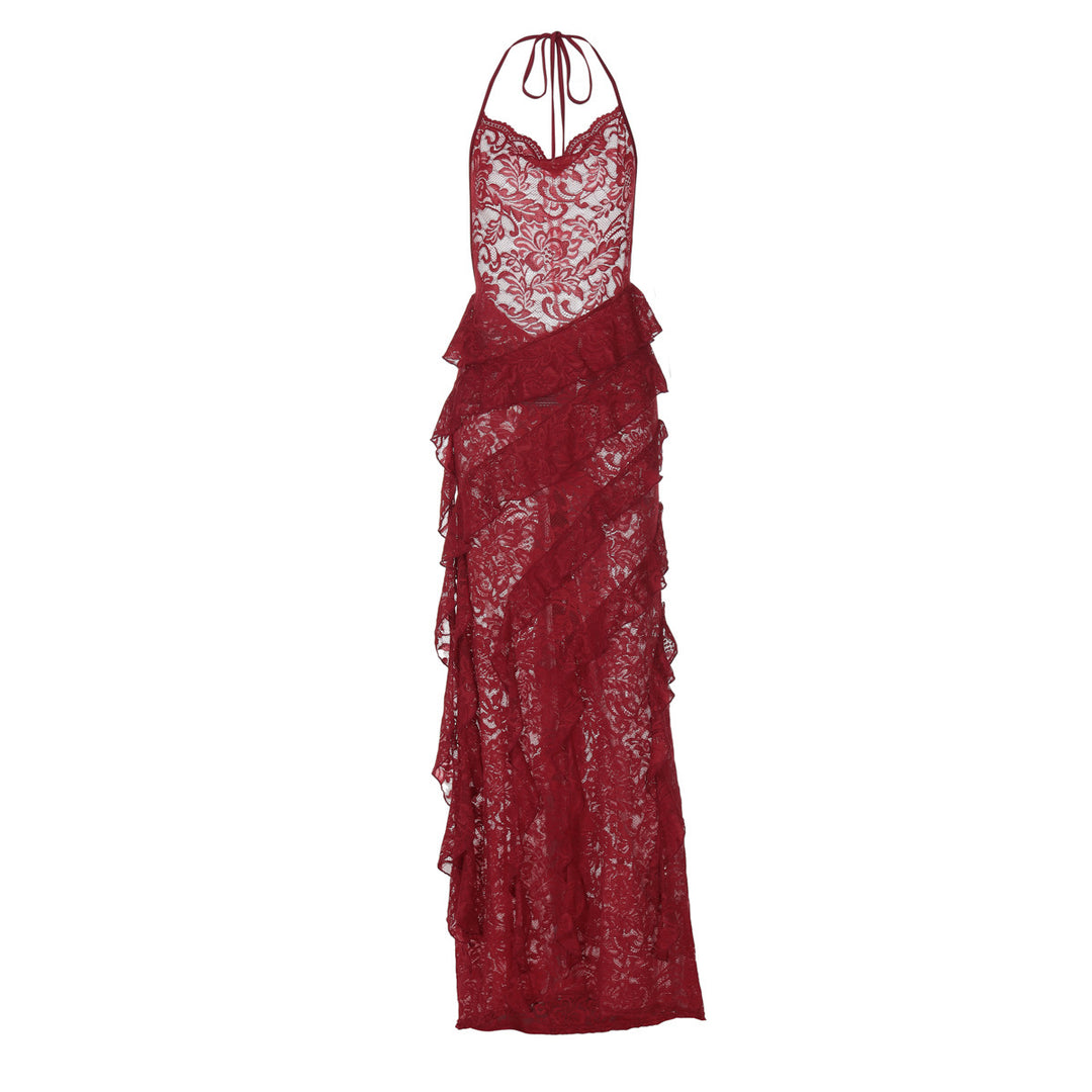 Damen Elegantes Abendkleid mit feiner Spitze und Rüschendetails Drune