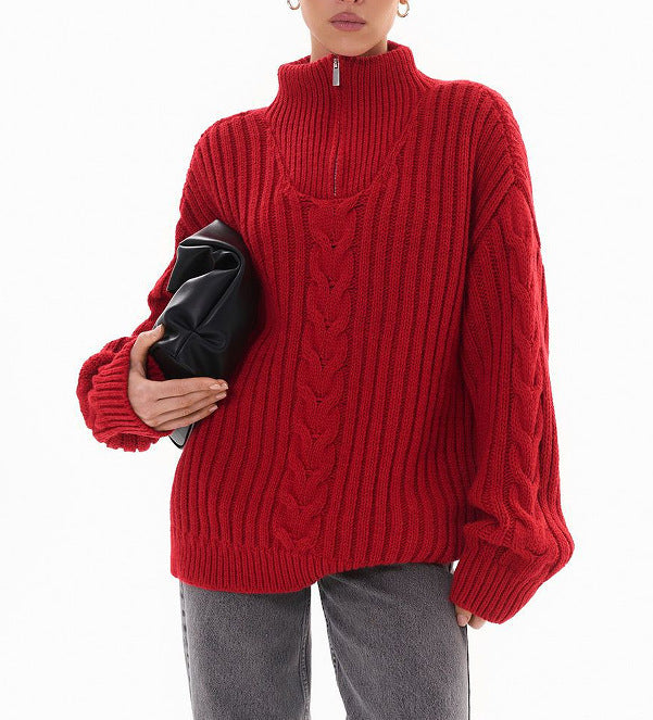 Damen Grobstrickpullover mit Zip-Kragen und Zopf-Design Drune