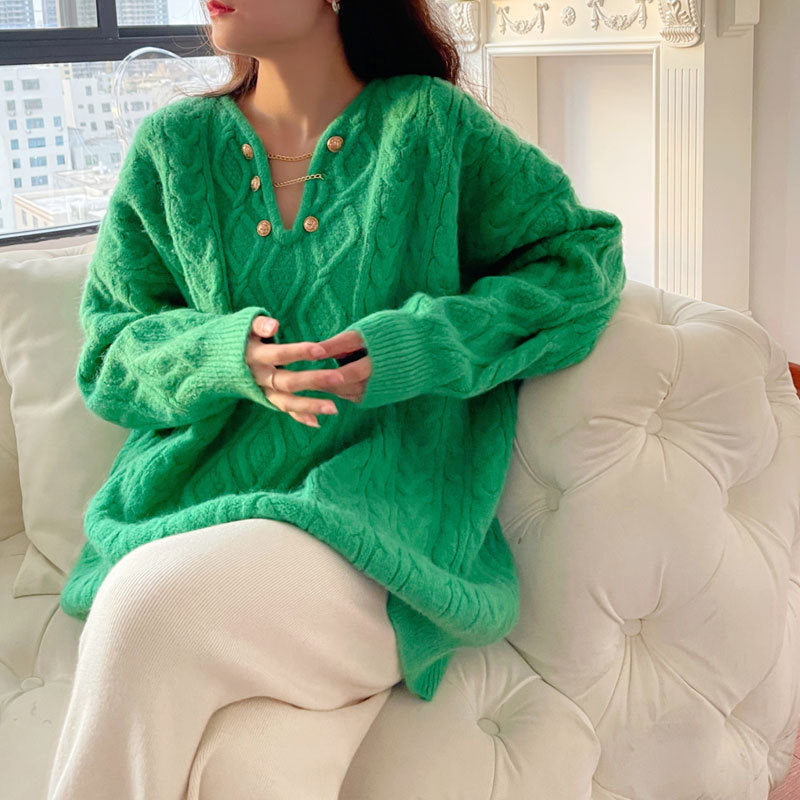 Damen Grobstrickpullover mit dekorativem Knopfverschluss und V-Ausschnitt Drune
