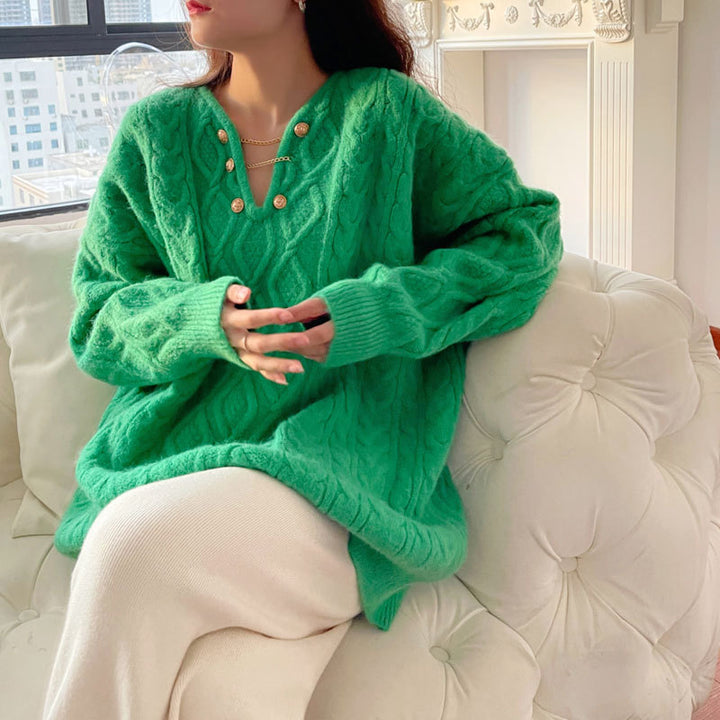 Damen Grobstrickpullover mit dekorativem Knopfverschluss und V-Ausschnitt Drune
