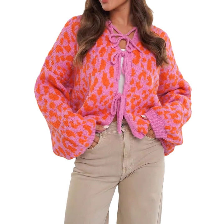 Damen Cardigan mit auffälligem Tiermuster und eleganten Bindebanddetails Drune