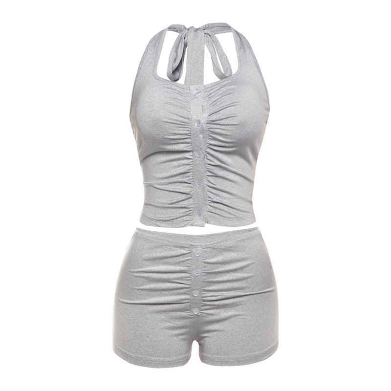 Damen Sportliches Zweiteiler-Set mit Knopfleiste und gerafftem Design Drune