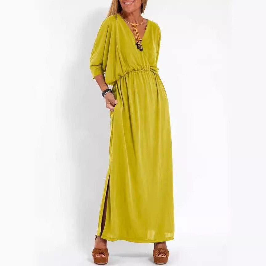 Damen elegantes Maxikleid mit seitlichem Schlitz und flexiblem Taillenbund Drune