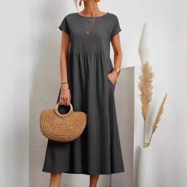 Damen Midi-Kleid mit Ballonärmeln und praktischen Taschen Drune