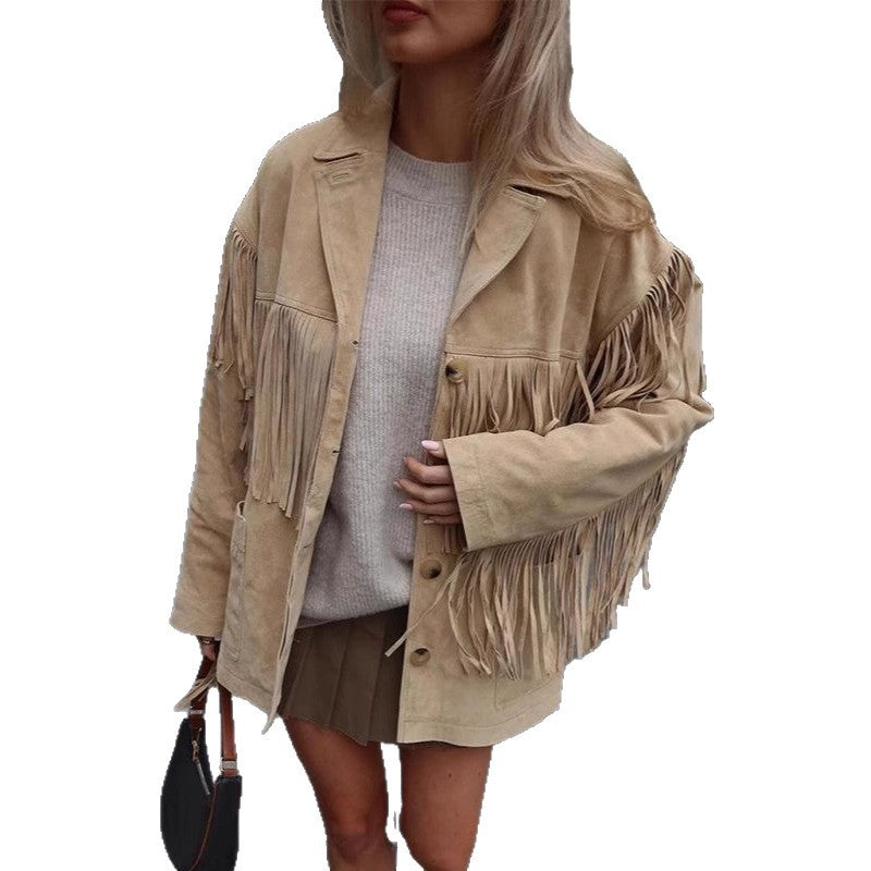 Damen Wildlederjacke mit Fransen und oversized Schnitt Drune