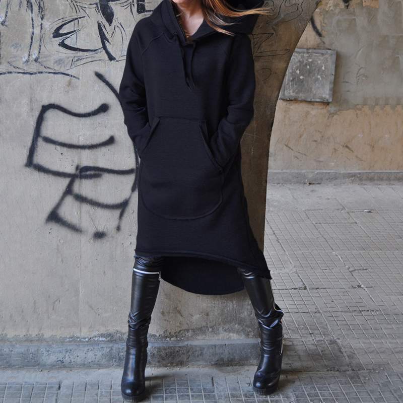 Damen nan Oversize Kapuzenkleid mit hohem Rückensaum, Kängurutasche und lässigem Streetstyle-Schnitt Drune