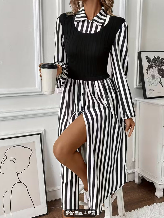 Damen Streifen Kleid mit tailliertem Oberteil und Knopfleiste Drune