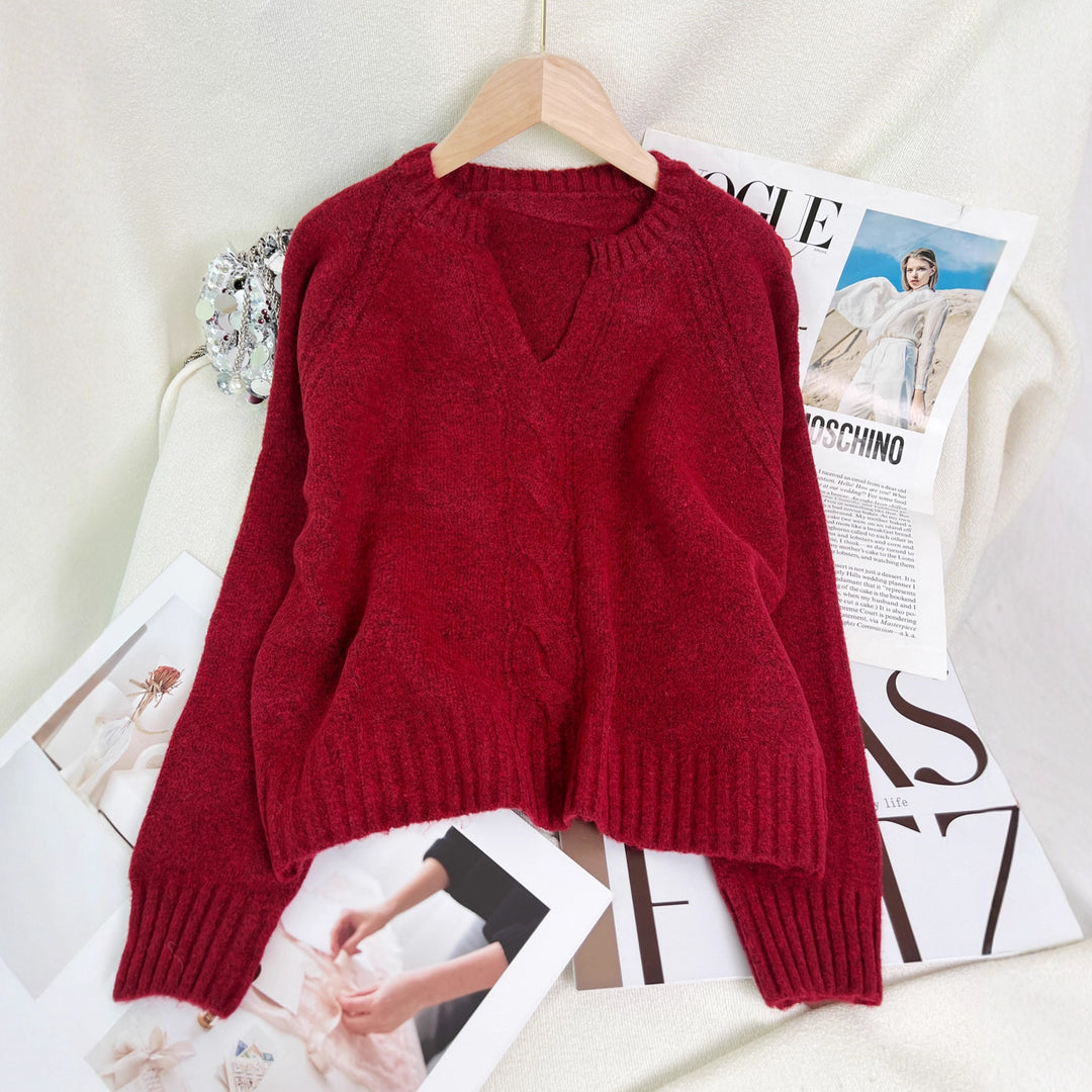 Damen Strickpullover mit tiefem V-Ausschnitt und Zopfmuster Drune