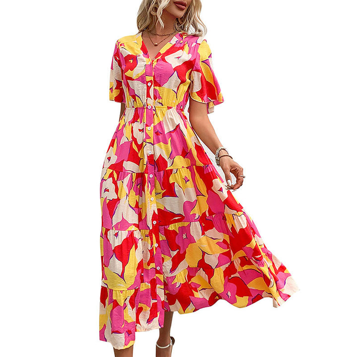 Damen Blümchen Maxikleid mit Knopfleiste und Rüschendetails Drune