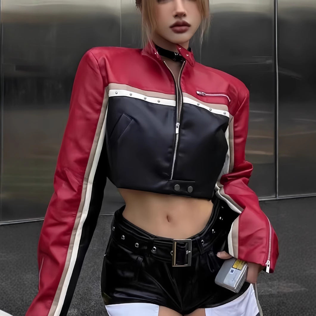 Damen trendige cropped Lederjacke mit einzigartigen Farbakzenten Drune
