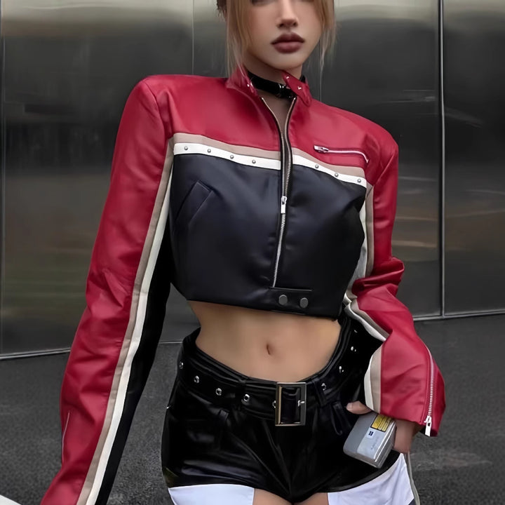 Damen trendige cropped Lederjacke mit einzigartigen Farbakzenten Drune