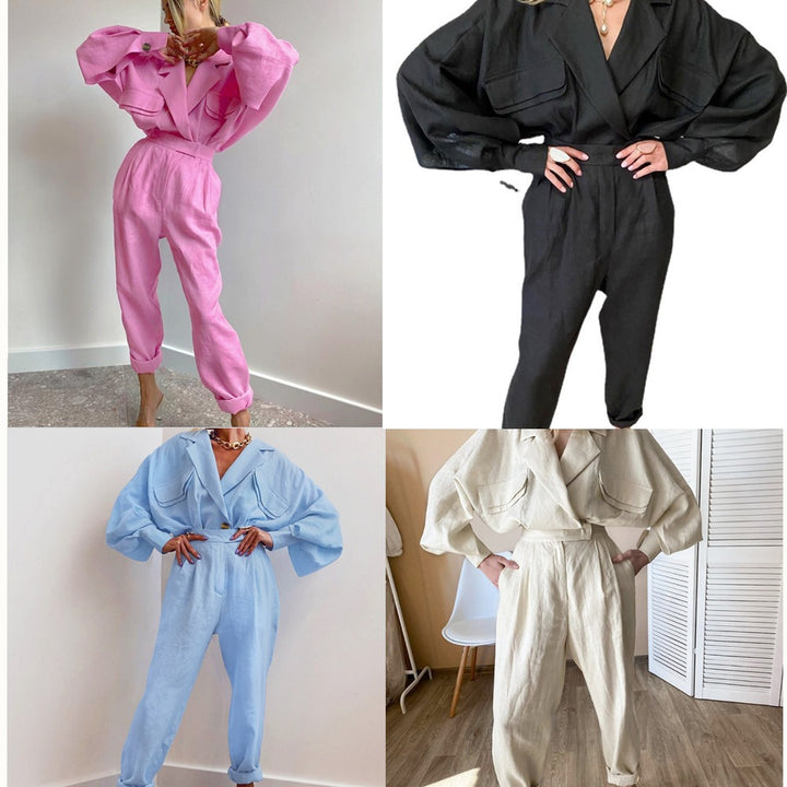 Damen modisches Leinen-Jumpsuit mit voluminösen Ärmeln und eleganter Bindegürtel Drune