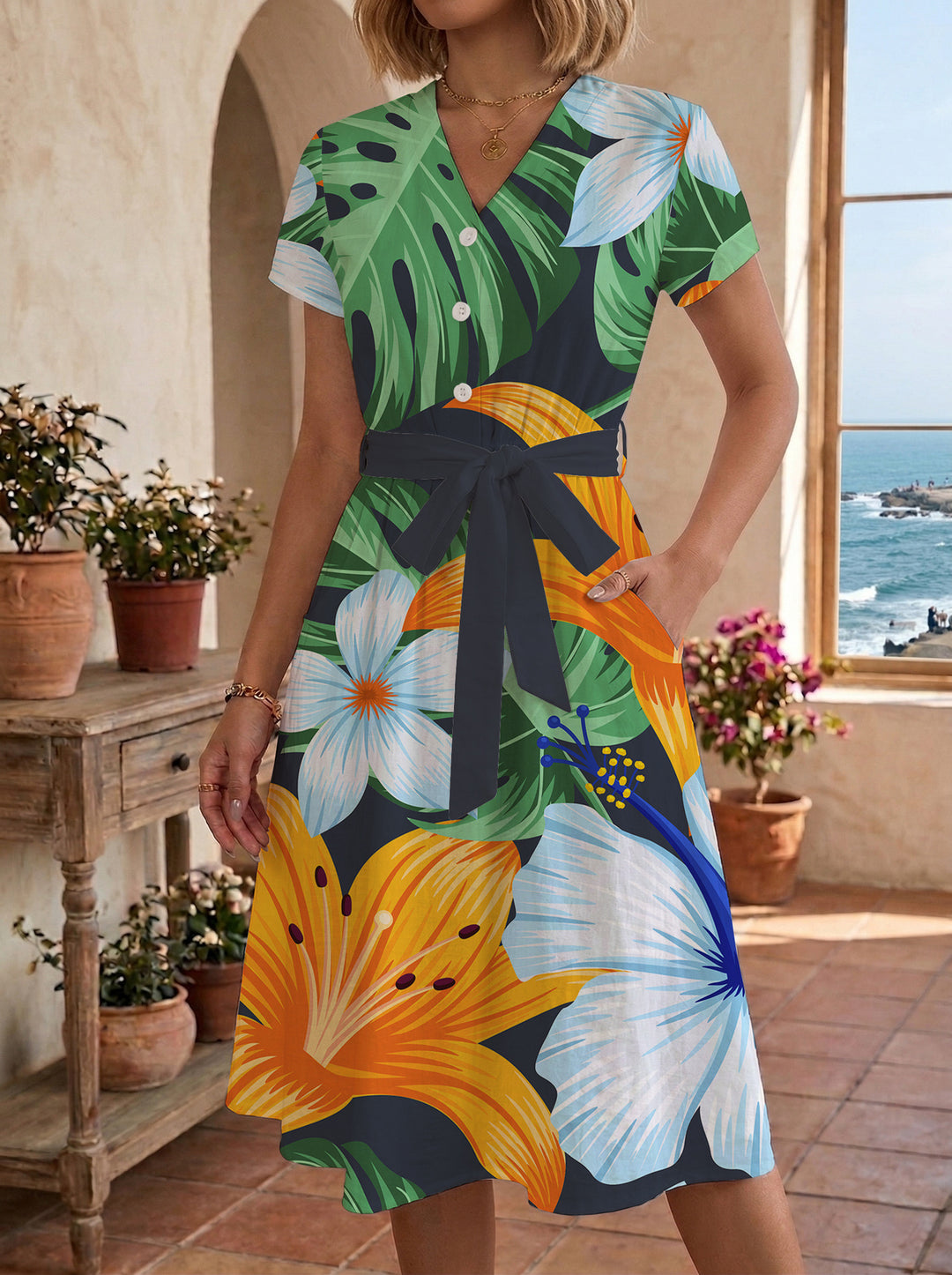 Damen Midi-Kleid mit floralem Design und bequemer Passform Drune