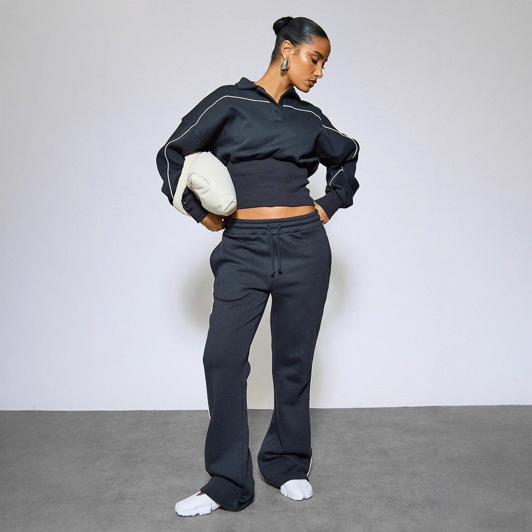 Damen Sportliches Crop-Polo und weite Jogginghose Set Drune