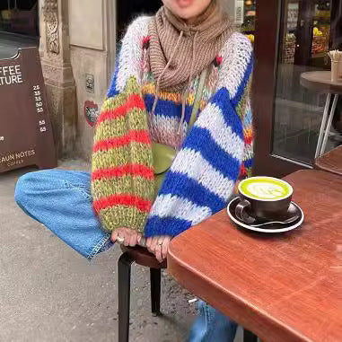 Damen Kuscheliger Strickpullover mit weit ausgestellten Ärmeln und buntem Streifenmuster Drune