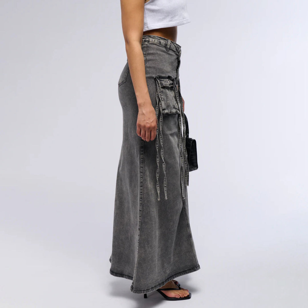 Damen Langer Denim-Rock mit hochgezoggtem Bund und praktischen Taschen Drune