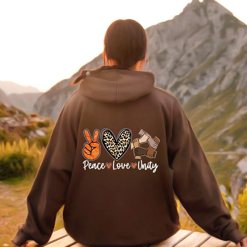 Damen Kapuzenpullover mit hochwertigem Peace-Love-Unity-Design Drune