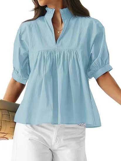 Damen elegante kurzärmlige Bluse mit Rüschendetails und lässigem Schnitt Drune