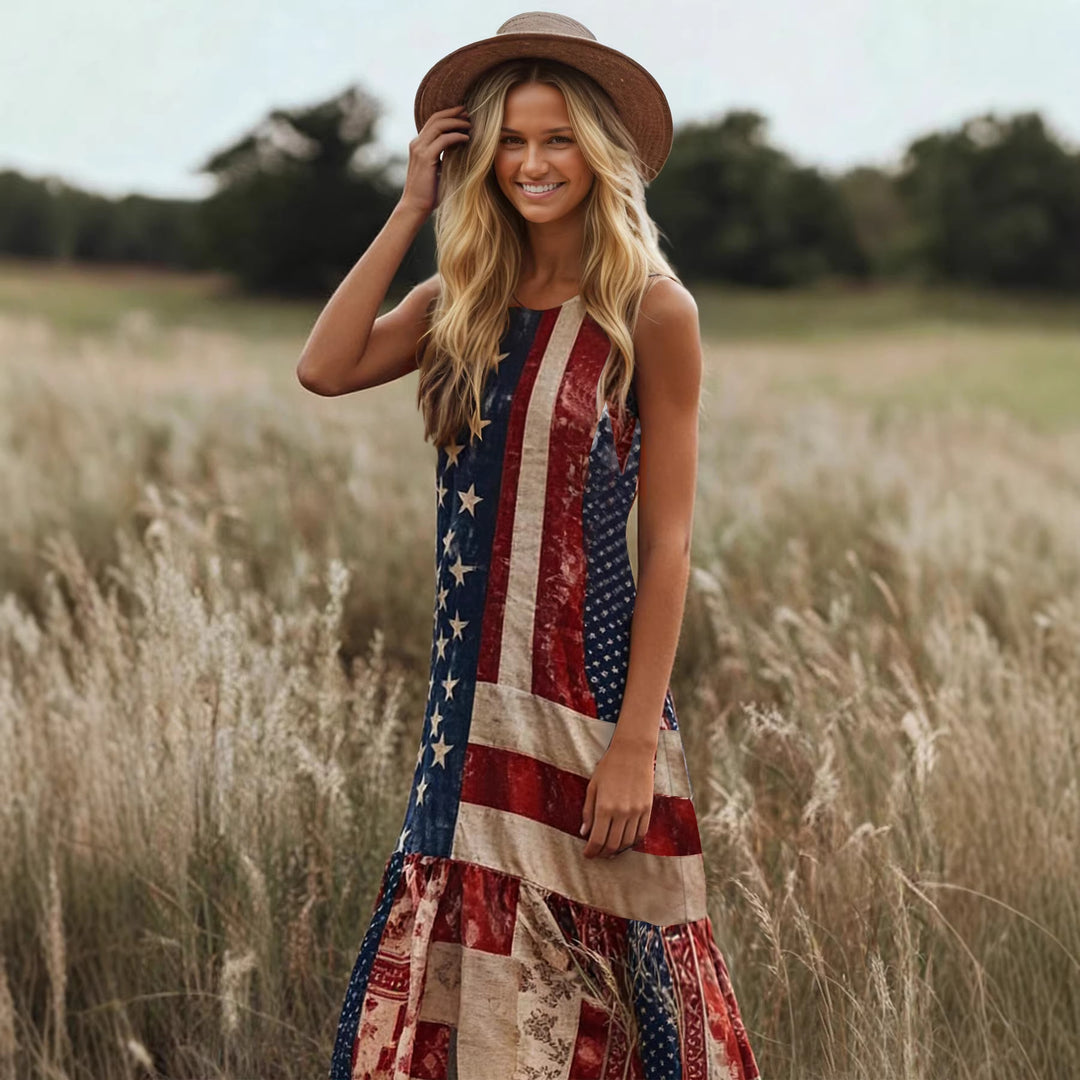 Damen Ethno-Inspirierte Maxikleid mit Flaggenmuster und Rüschensaum Drune