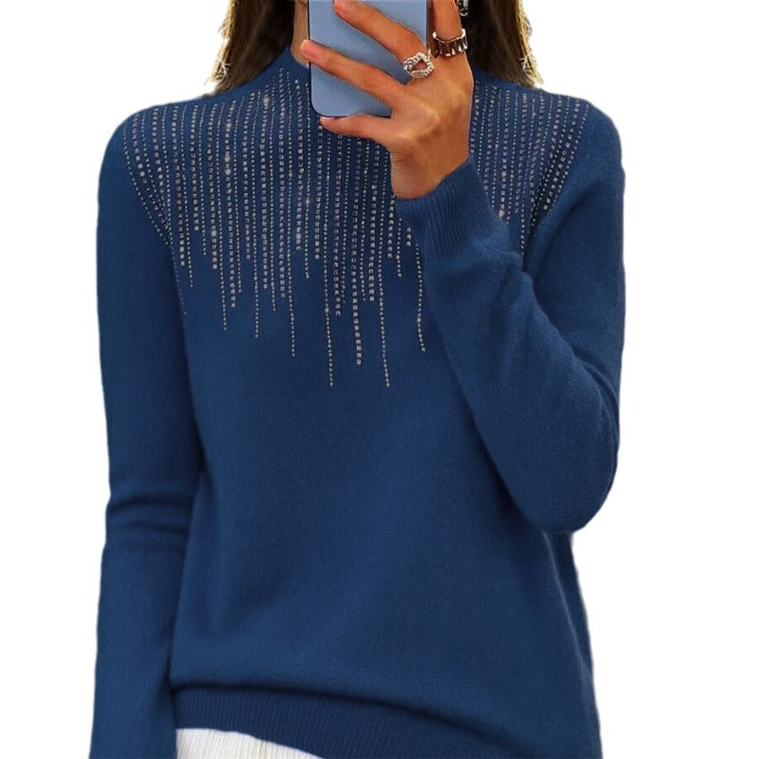 Damen nan kuscheliger Feinstrickpullover mit dezentem Strass-Einsatz am Rundhalsausschnitt und geripptem Saum Drune