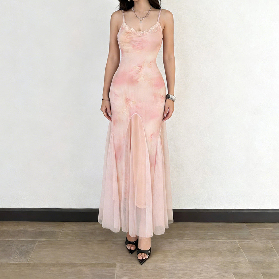 Damen elegantes Maxikleid aus transparenter Spitze und floralem Design Drune
