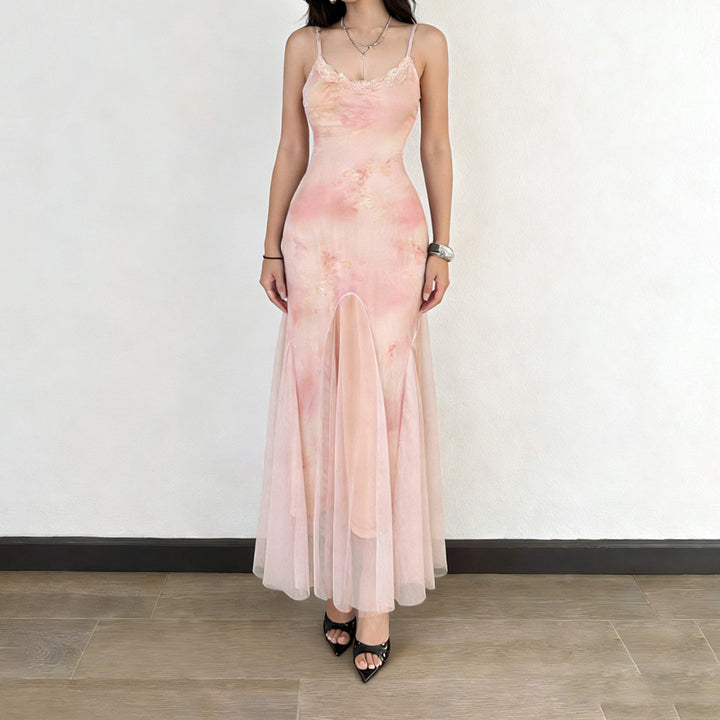 Damen elegantes Maxikleid aus transparenter Spitze und floralem Design Drune