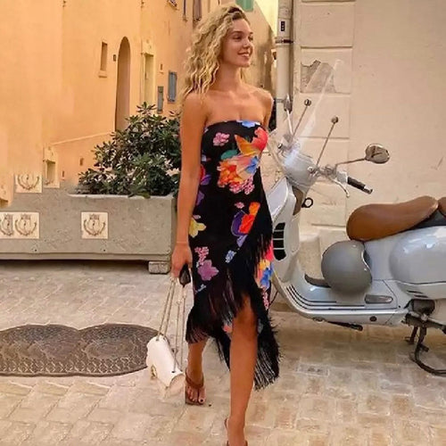 Damen Strandmaxikleid mit fransenbesetztem Saum und buntem Blumenmuster Drune