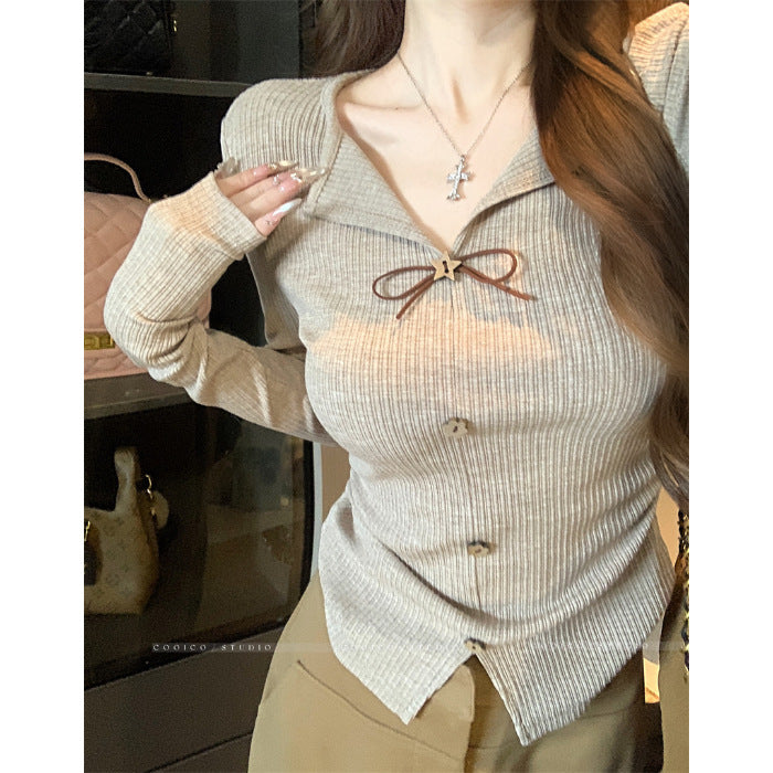 Damen elegante Strickbluse mit dekorativem Bindeband Drune