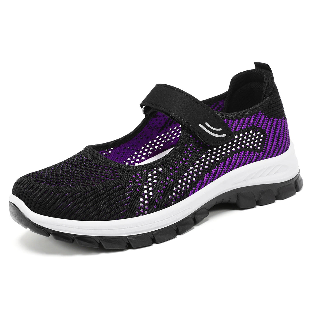 Damen nan atmungsaktive Strick-Mary-Jane Walkingsneaker mit Klettverschluss und dämpfender Leichtlaufsohle Drune