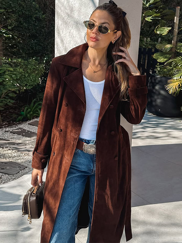Damen Elegante Langzeit-Trenchcoat aus weichem Wildleder Drune