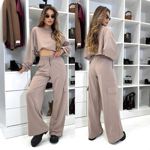 Damen lässiges Freizeit-Set mit cropped Oberteil und weiter Stoffhose Drune